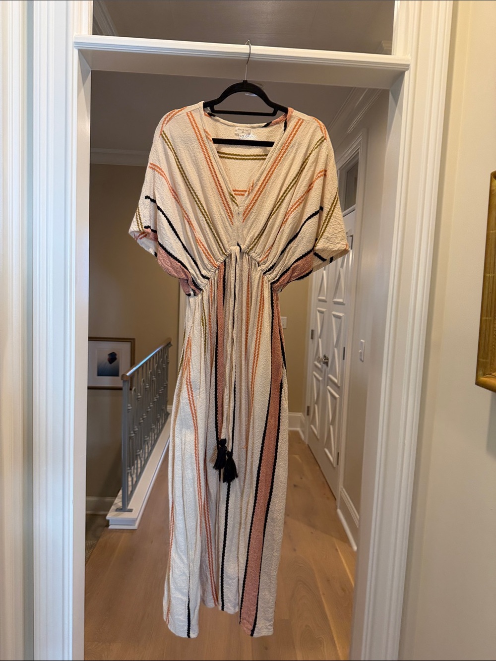 World Market Striped V-Neck Maxi Dress with Tie Waist - Cream & Peach(bw)